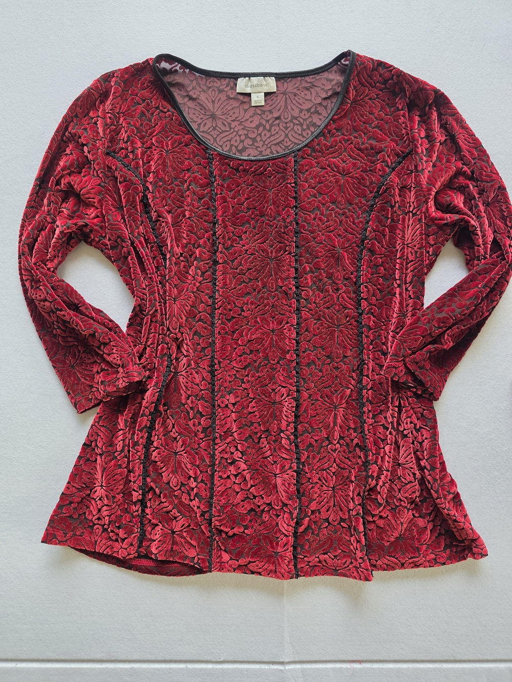 Dress Barn Red Floral Burnout Velvet Scoop-Neck Top & Black Details